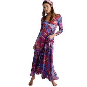 Free People First Date Maxi Dress Size Large Floral Purple Retro 70s Scoop Neck